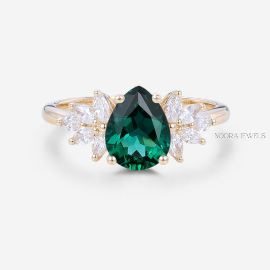 Pear-Shaped Green Emerald Moissanite Ring – Floral Leaf Accent Engagement Ring in Silver, Gold & Rose Gold"