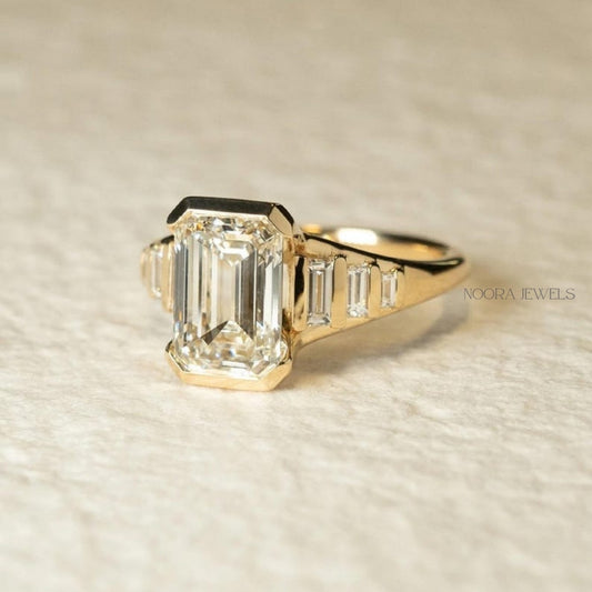 Emerald Cut Moissanite Ring with Baguette Side Stones