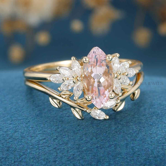 Marquise Pink Morganite & Diamond Leaf Wedding Ring Set