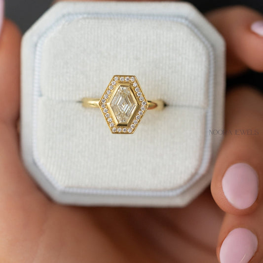 Hexagon Halo Baguette Moissanite Ring
