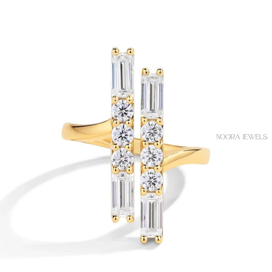 Double Vertical Baguette & Round Cut Moissanite Statement Ring