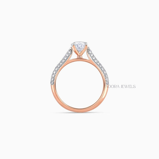 Rose Gold Round Cut Moissanite Engagement Ring with Pave Band