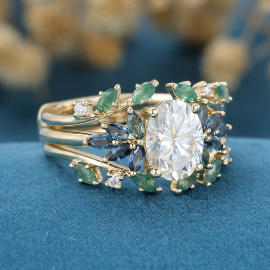 Vintage Floral Moissanite Engagement Ring Set with Sapphire & Emerald Accents