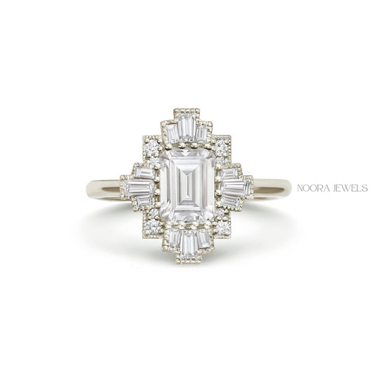 Emerald Cut Moissanite Diamond Vintage Engagement Ring