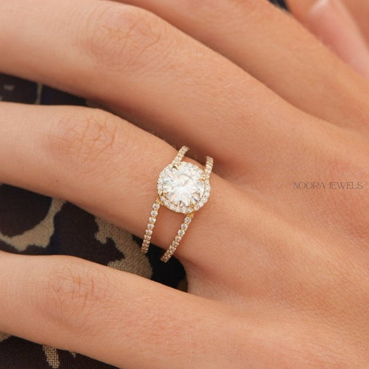 Elegant Double Band Halo Round Cut Diamond Engagement Ring