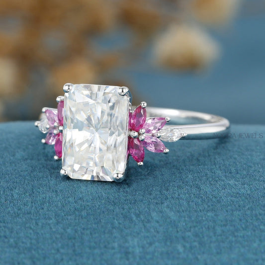 Radiant Emerald-Cut Moissanite Ring with Pink and White Accent Stones