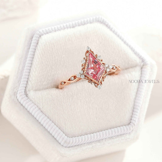 Vintage Princess Pink Moissanite Ring in Rose Gold
