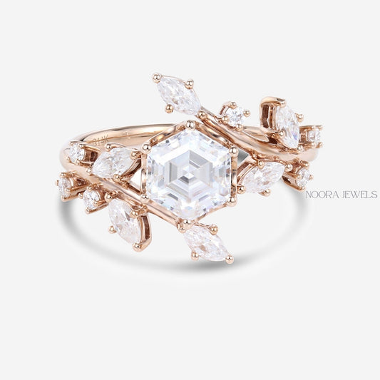 Hexagon-Cut Moissanite Leaf Branch Ring
